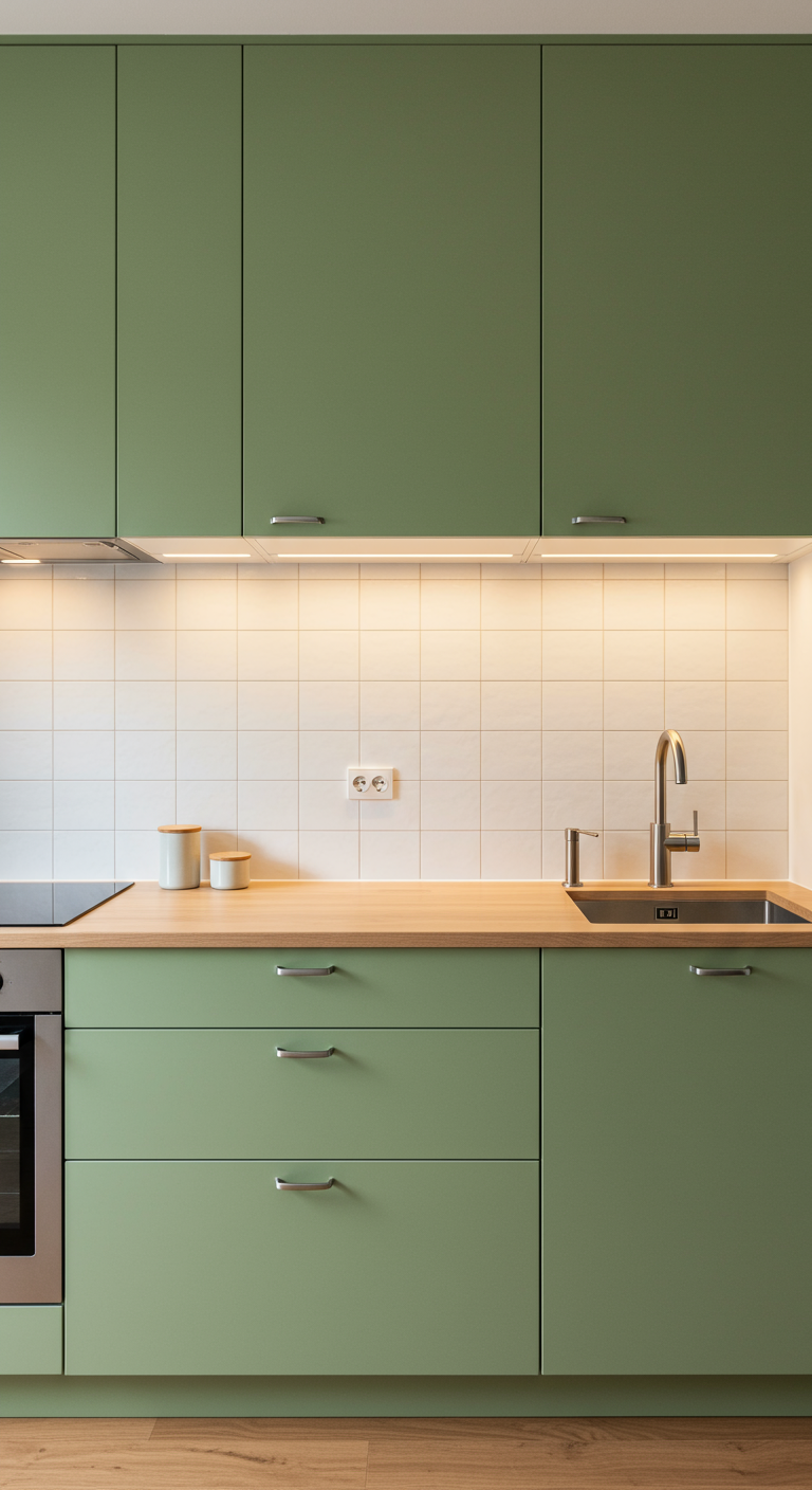 Moderne japanisch inspirierte Küche mit salbeigrünen Fronten und Holz-Arbeitsplatte.