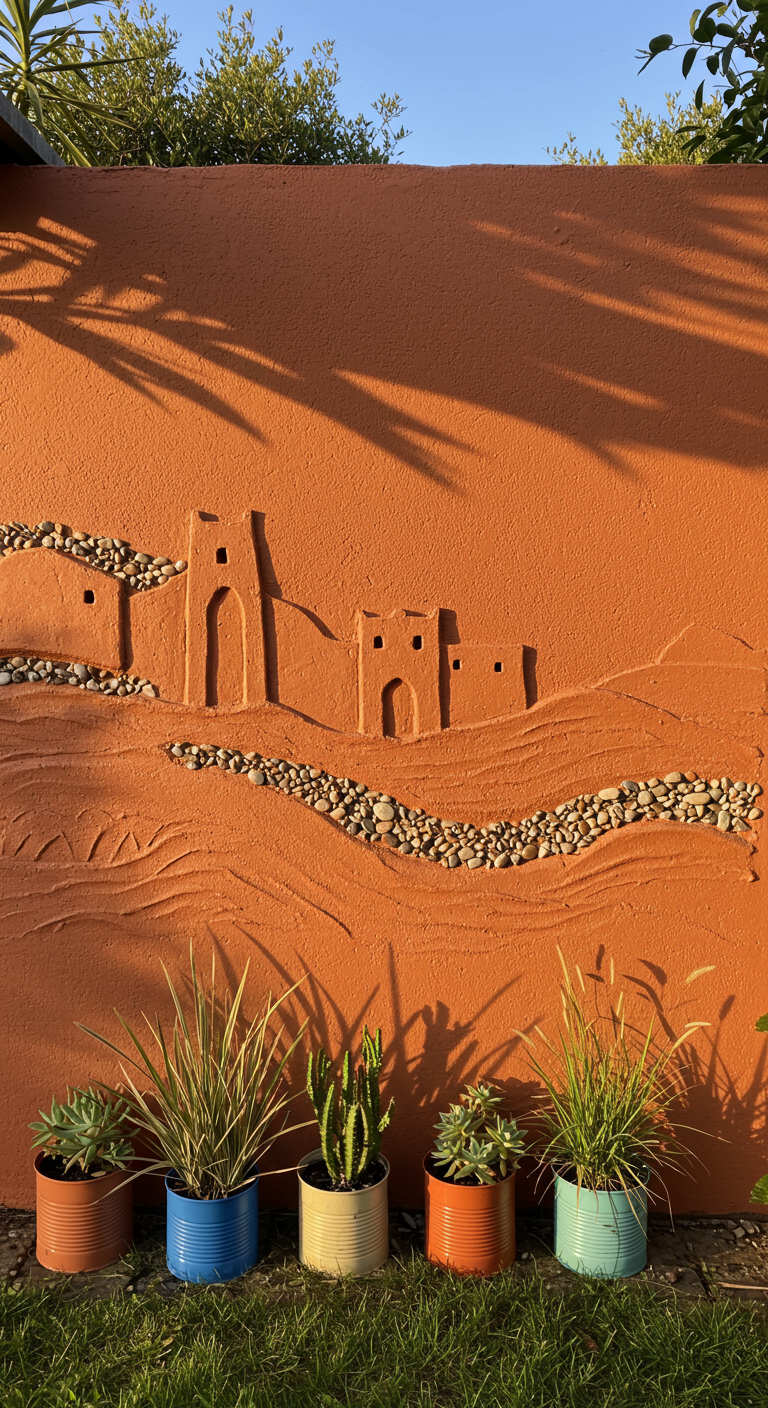 Terrakottafarbene Wand mit Relief einer Kasbah und bunten, bepflanzten Dosen.