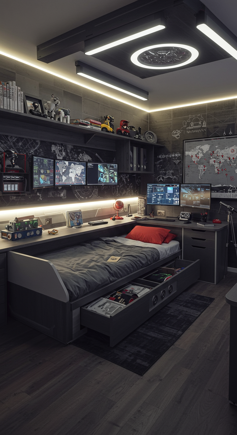 Modernes Jugendzimmer mit Gaming-Setup, Monitoren und LED-Beleuchtung.