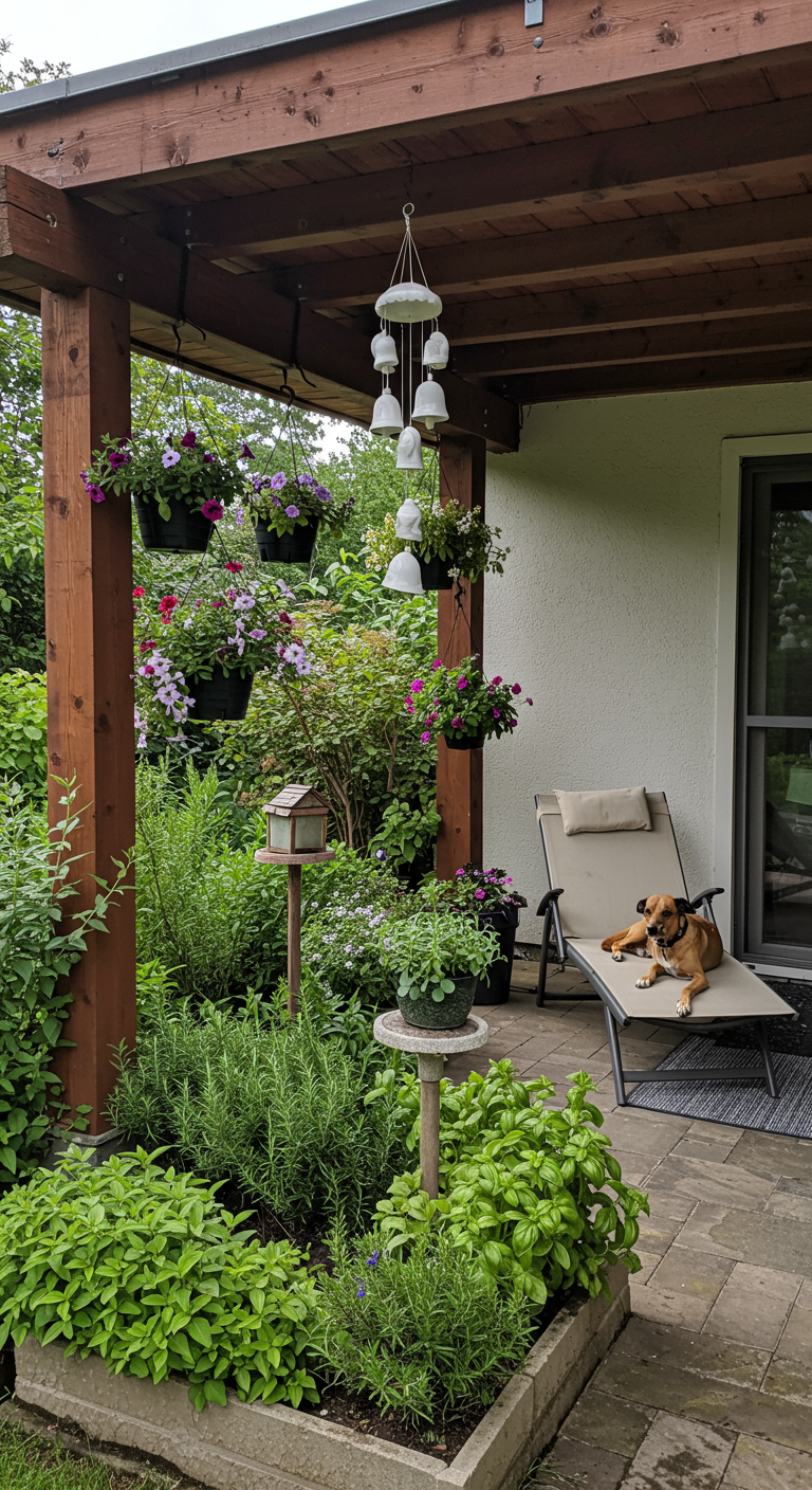Überdachte Terrasse mit Tassen-Windspiel, Kräuterbeeten und entspanntem Hund.