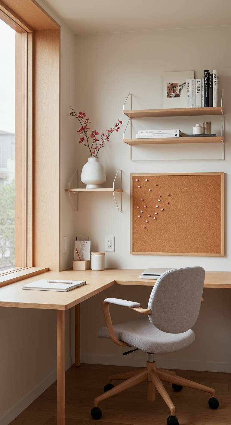 Heller Japandi Arbeitsplatz mit Holz-Eckschreibtisch und rosa Akzenten.