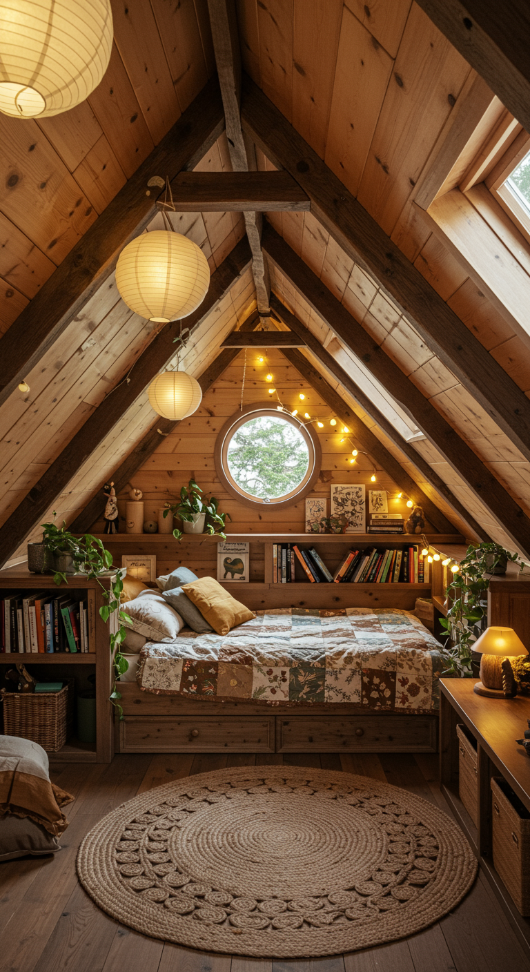 Gemütliches Dachzimmer mit Holzbett unter der Schräge, Lichterketten und Büchern.