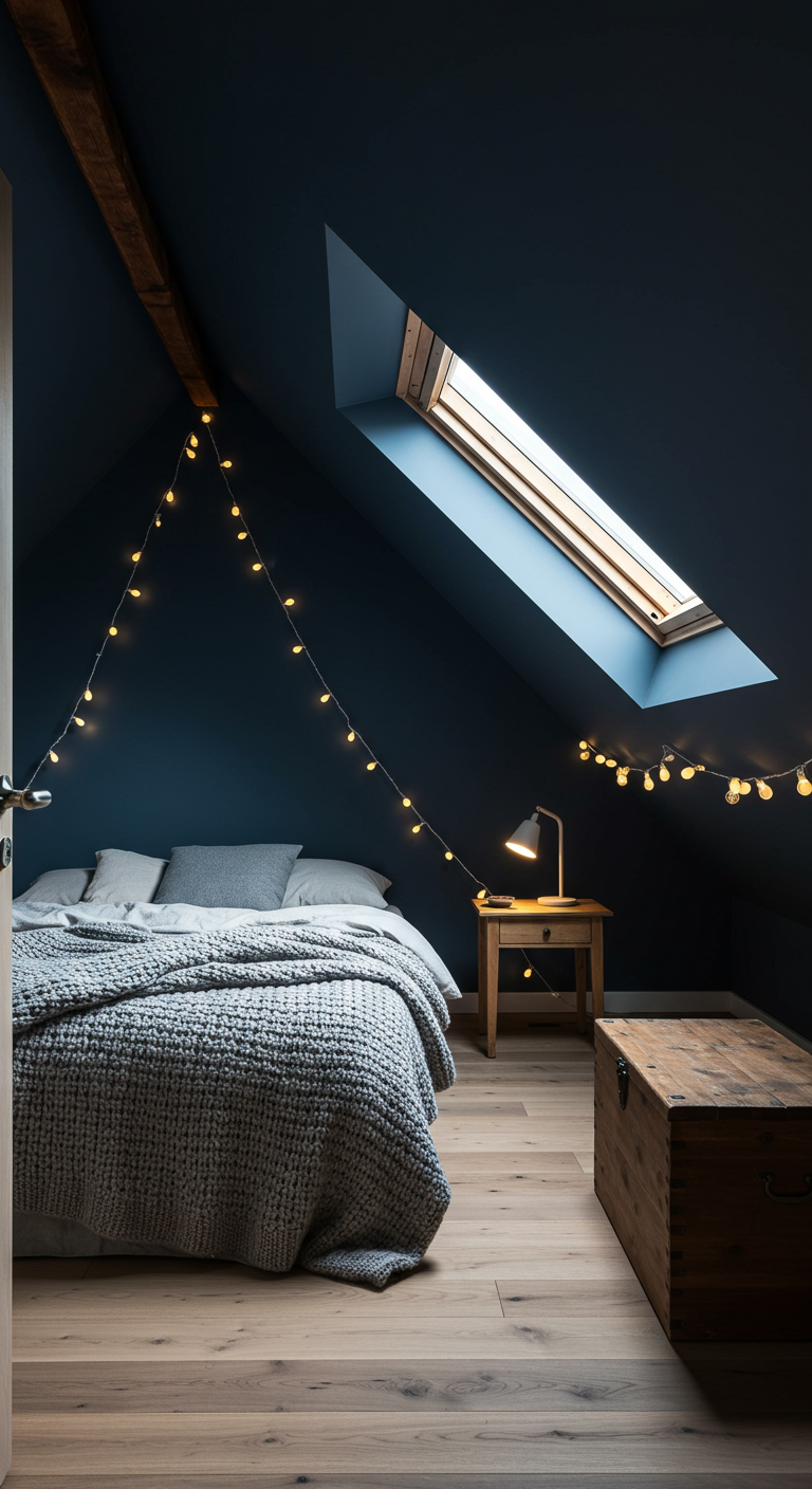 Gemütliches Dachschlafzimmer in Dunkelblau mit Lichterkette und Holzboden.