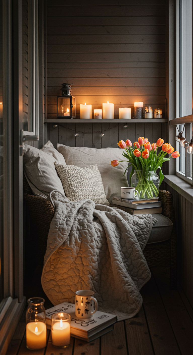 Gemütlicher Balkon-Leseecke mit Korbsessel, Decke, Kissen, Tulpen und vielen Kerzen.