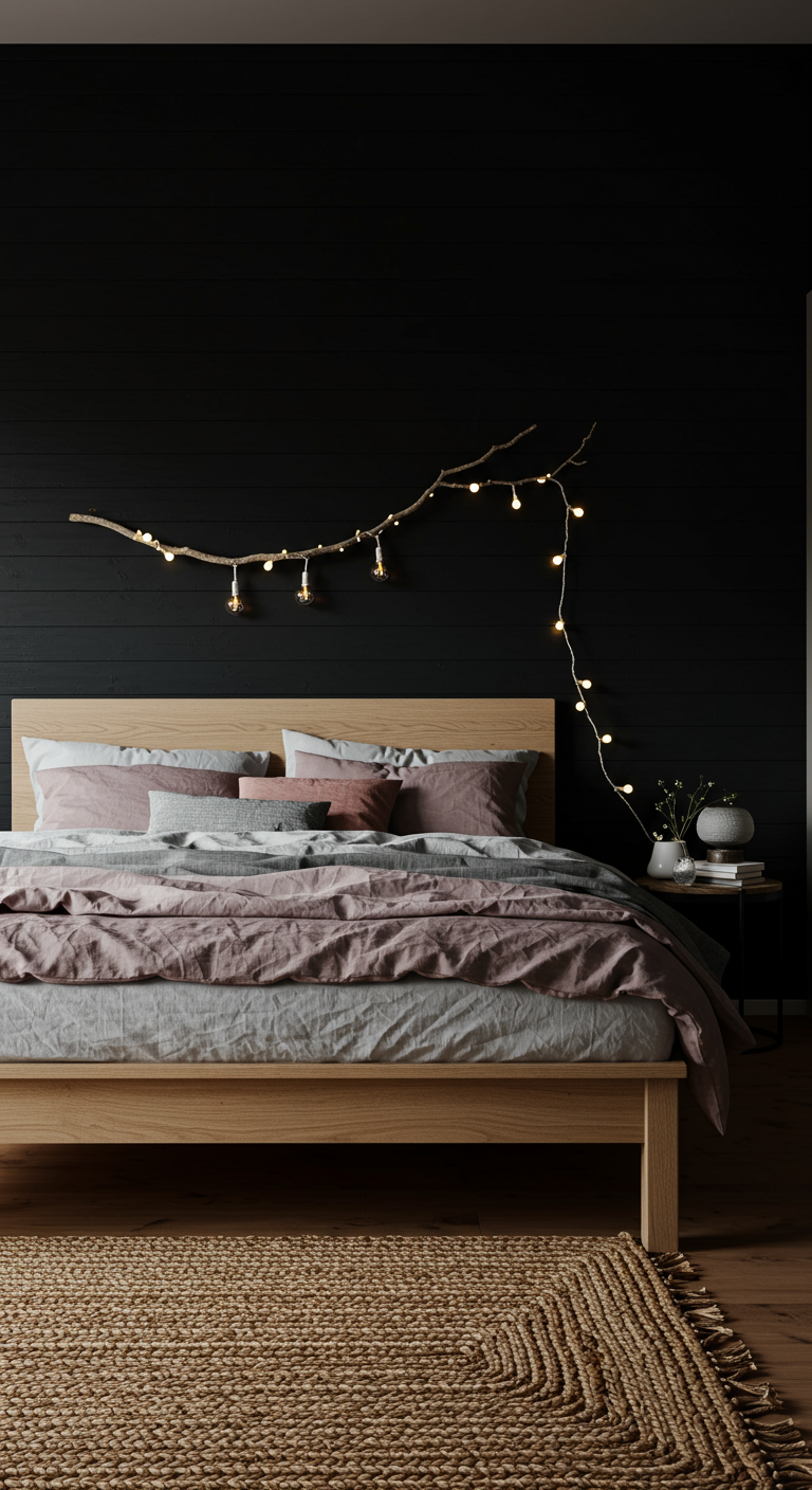 Japandi-Bett mit rosa/grauer Bettwäsche vor dunkler Wand mit Lichterkette.