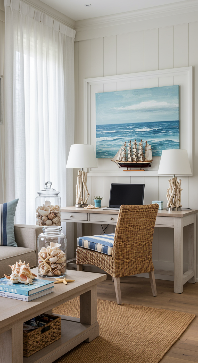 Home-Office-Ecke im maritimen Stil mit Muscheldeko und hellem Holz.