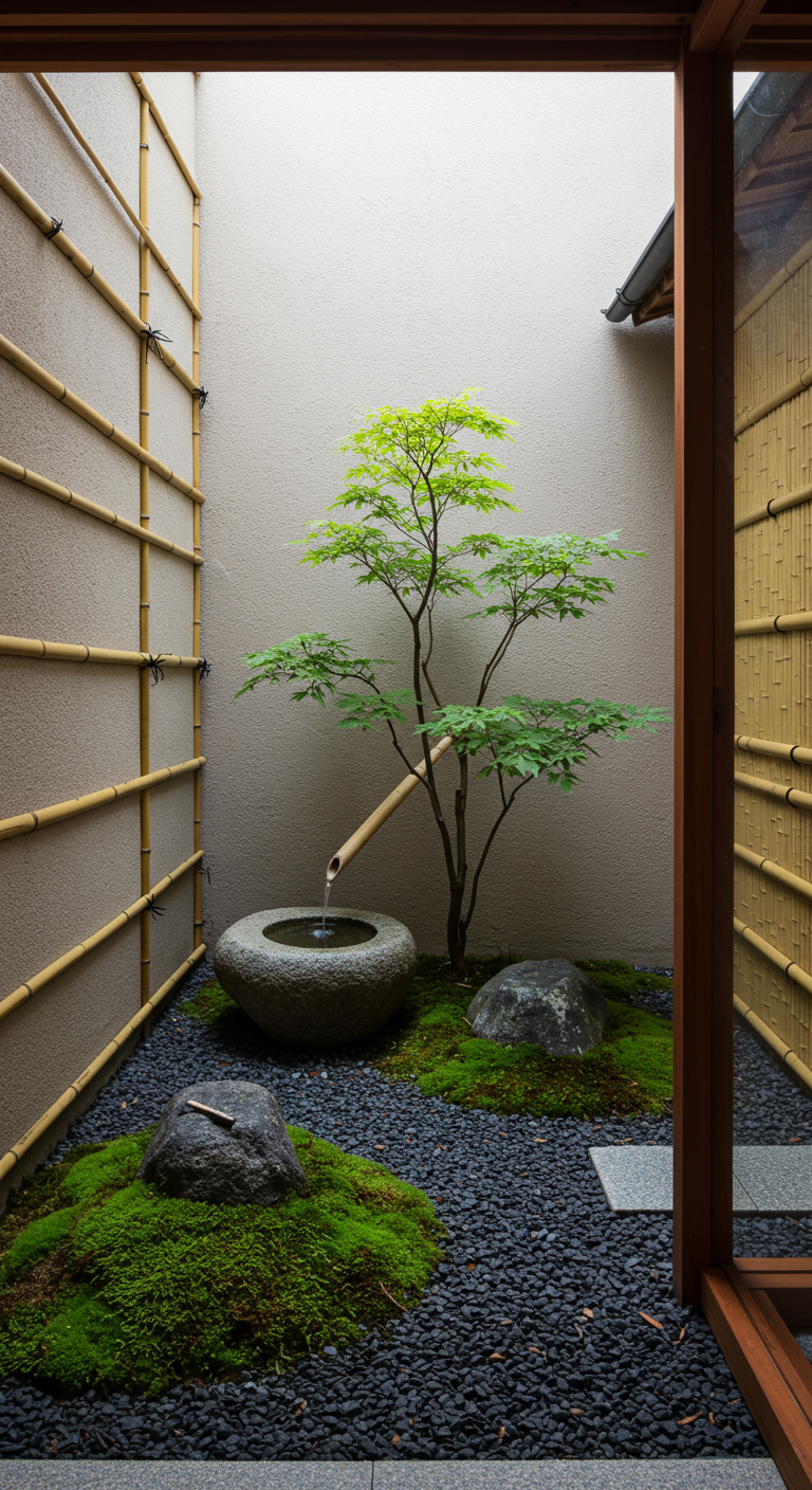 Kleiner japanischer Innenhofgarten (Tsuboniwa) mit Wasserbecken, Baum und Bambuswand.