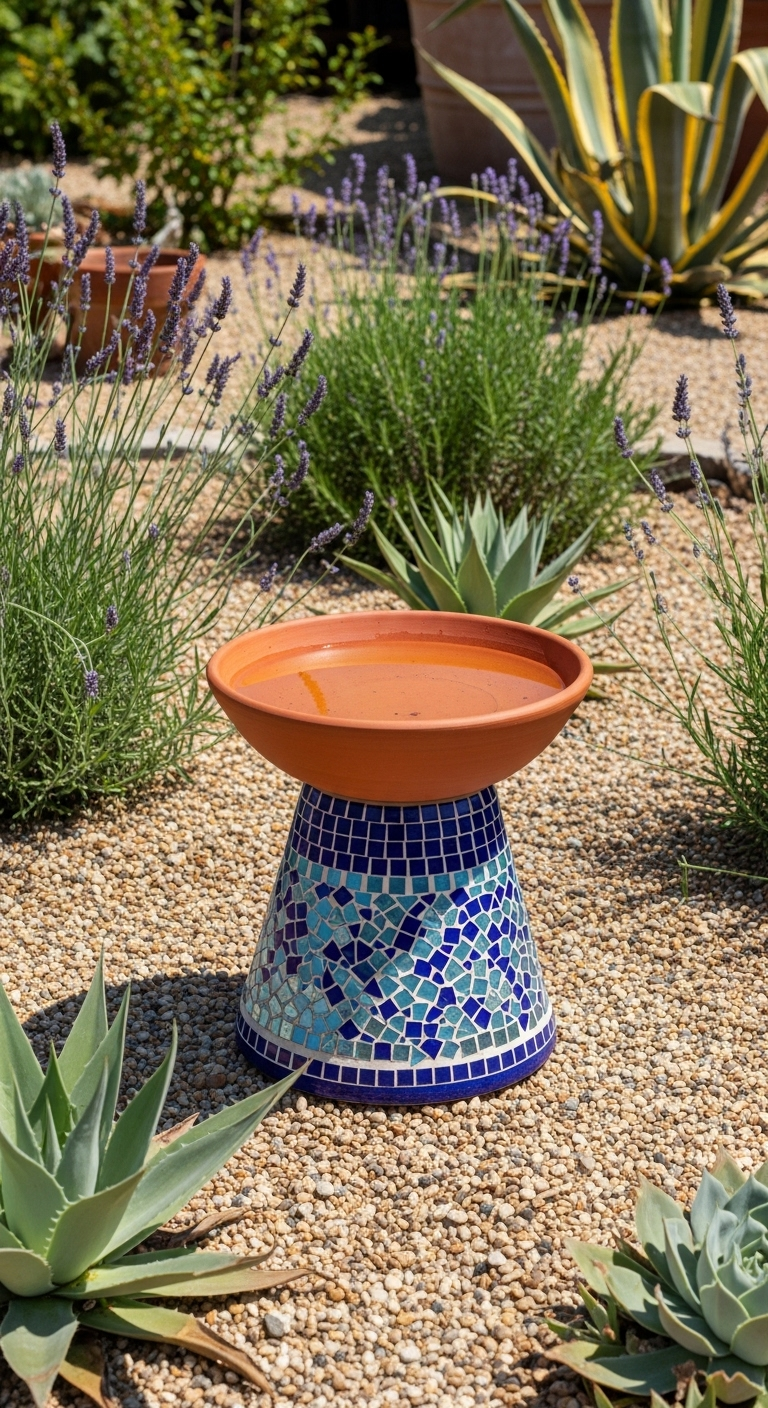 Terrakotta-Vogelbad mit blau-türkisem Mosaikfuß in einem Kiesgarten mit Lavendel.