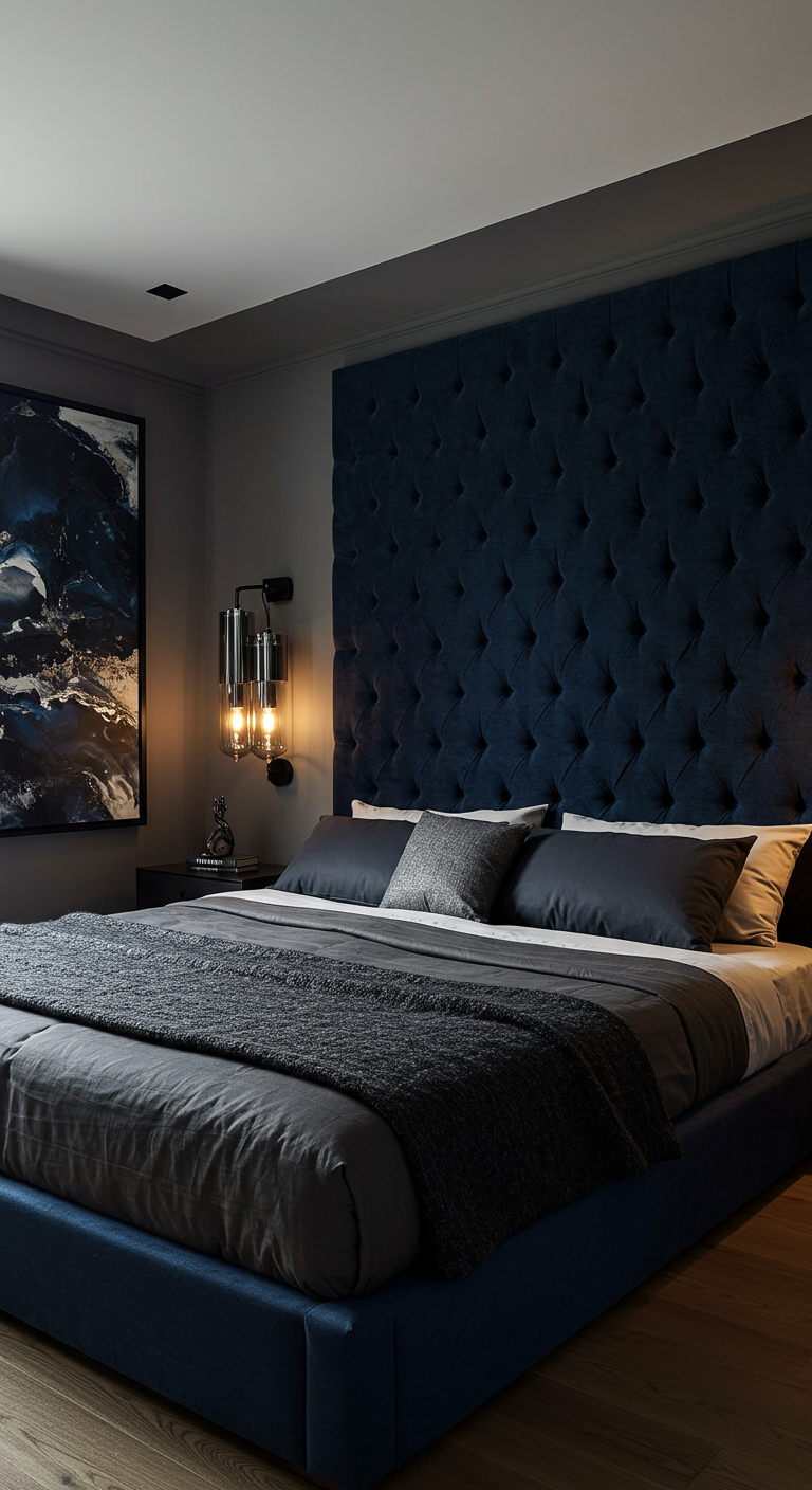 Modernes Schlafzimmer mit großem, nachtblauen Tuft-Kopfteil und grauer Bettwäsche.