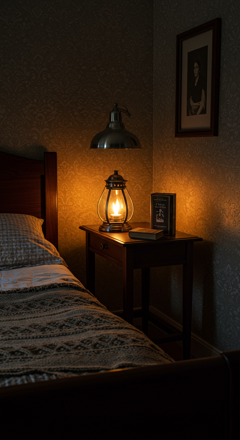 Dunkles Schlafzimmer mit gemusterter Tapete, Nachttisch und leuchtender Sturmlaterne.