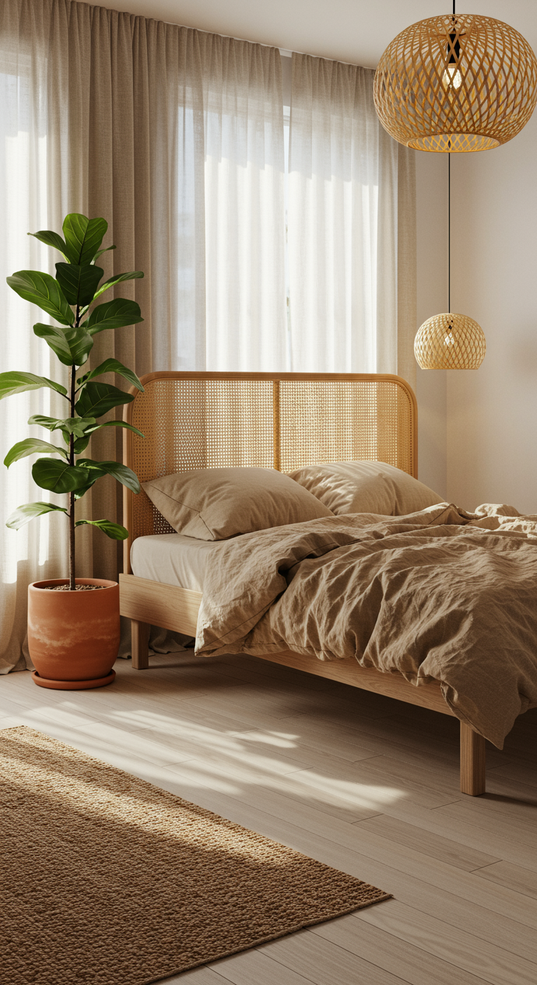 Japandi-Schlafzimmer mit Rattanbett, Leinenbettwäsche und großer Pflanze.
