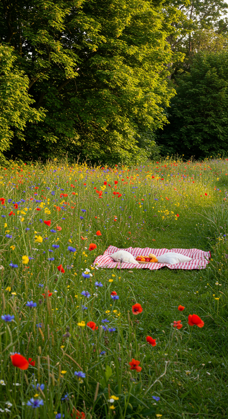 Rot-weiß karierte Picknickdecke auf einer bunten Blumenwiese im Sommer.