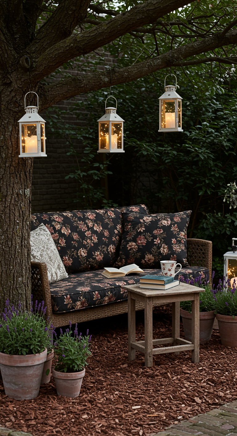 Korbmöbel-Sofa unter einem Baum mit hängenden Laternen und Lavendeltöpfen.