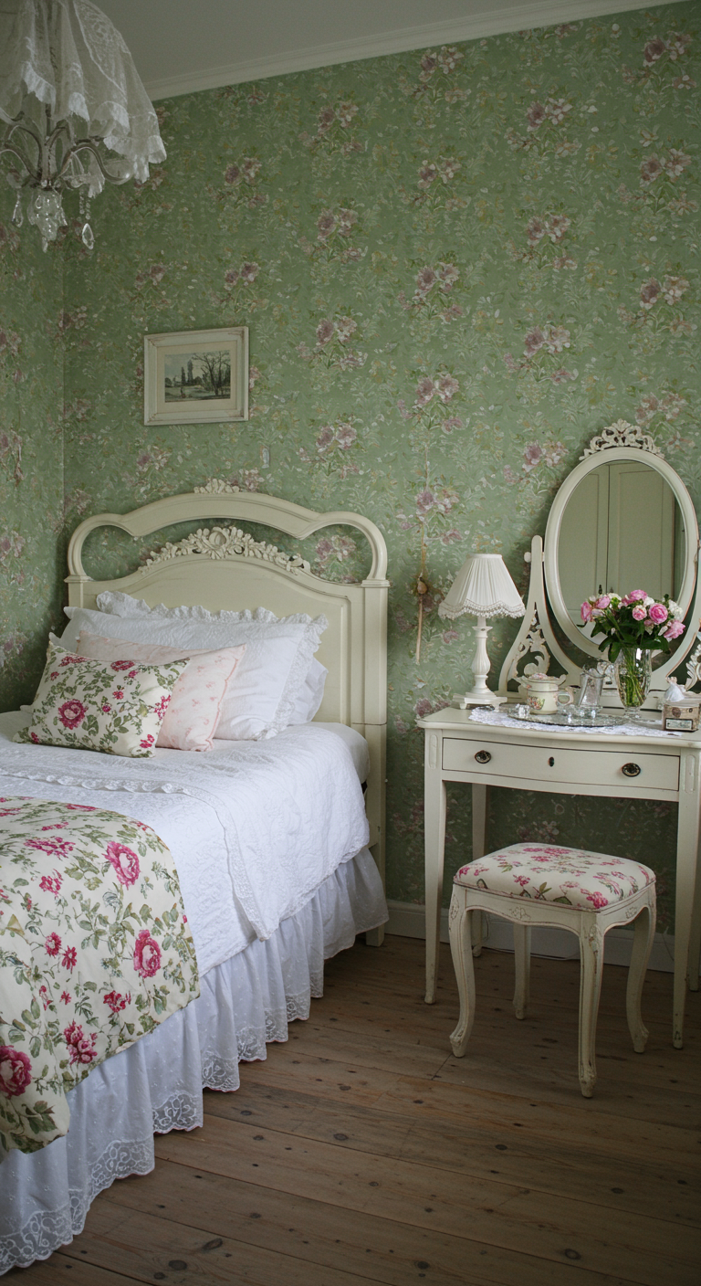 Vintage-Schlafzimmer mit grüner Blumentapete und weißen Möbeln.