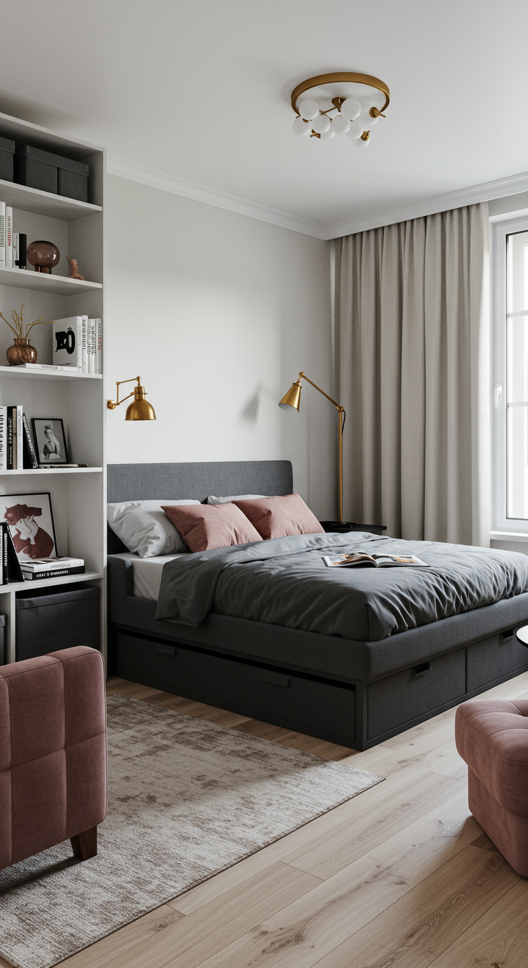 Schlafzimmer mit grauem Bett mit Schubladen und hohem weißen Regal.