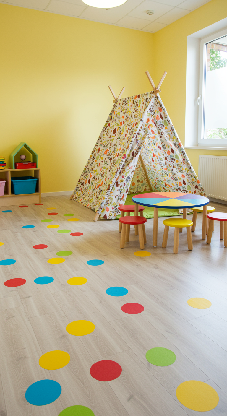 Spielzimmer mit Tipi, buntem Kindertisch und farbigen Punkten auf dem Boden.