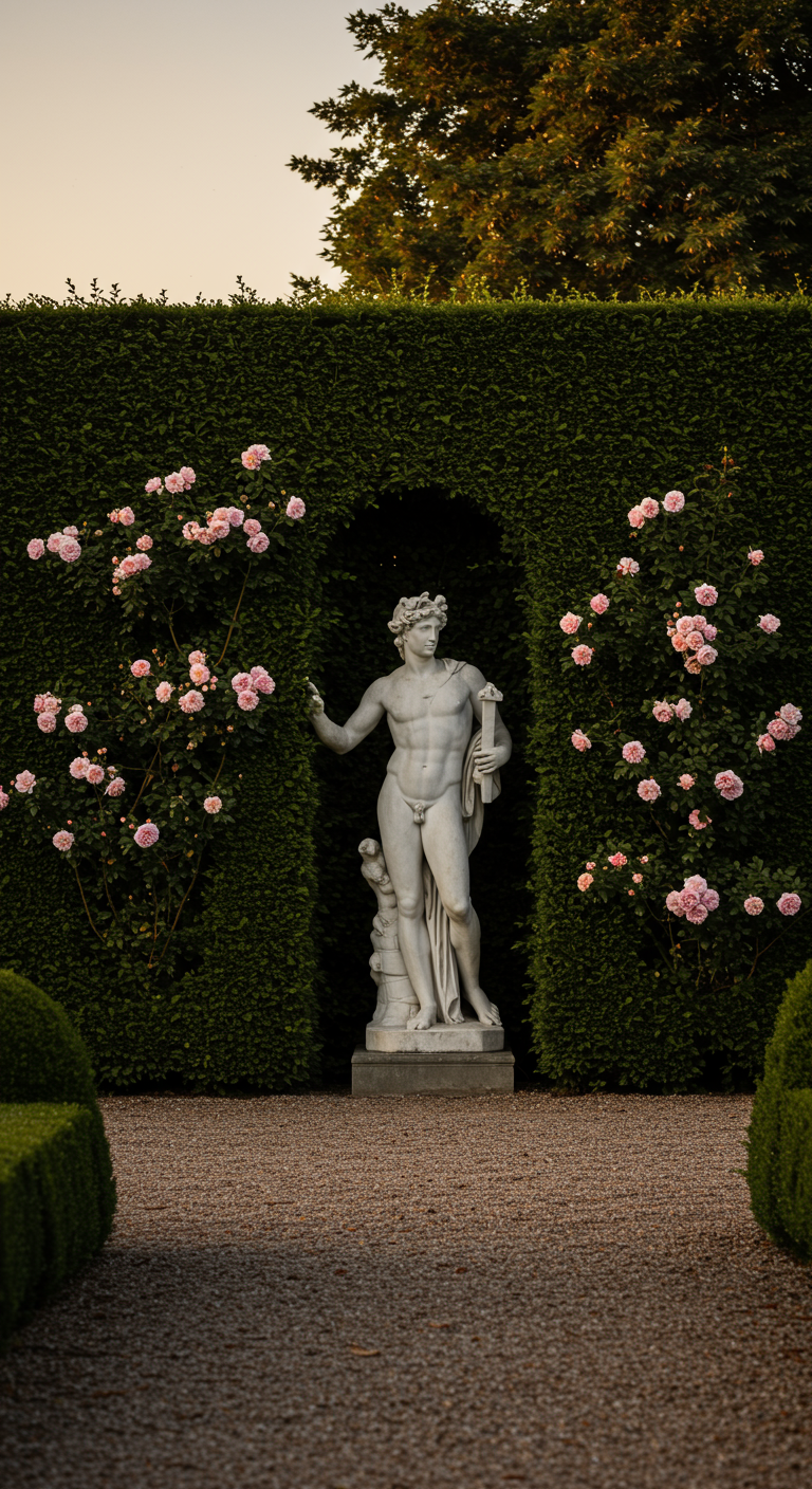 Klassische Marmorstatue eines Mannes in einer von Rosen umrankten Heckennische