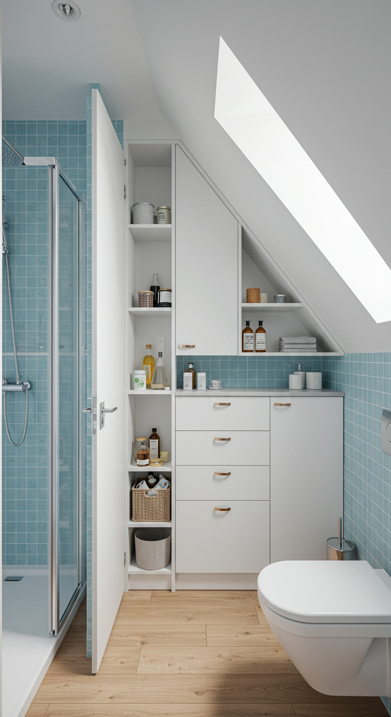 Dachbadezimmer mit maßgefertigten weißen Einbauschränken unter der Schräge und blauen Fliesen.