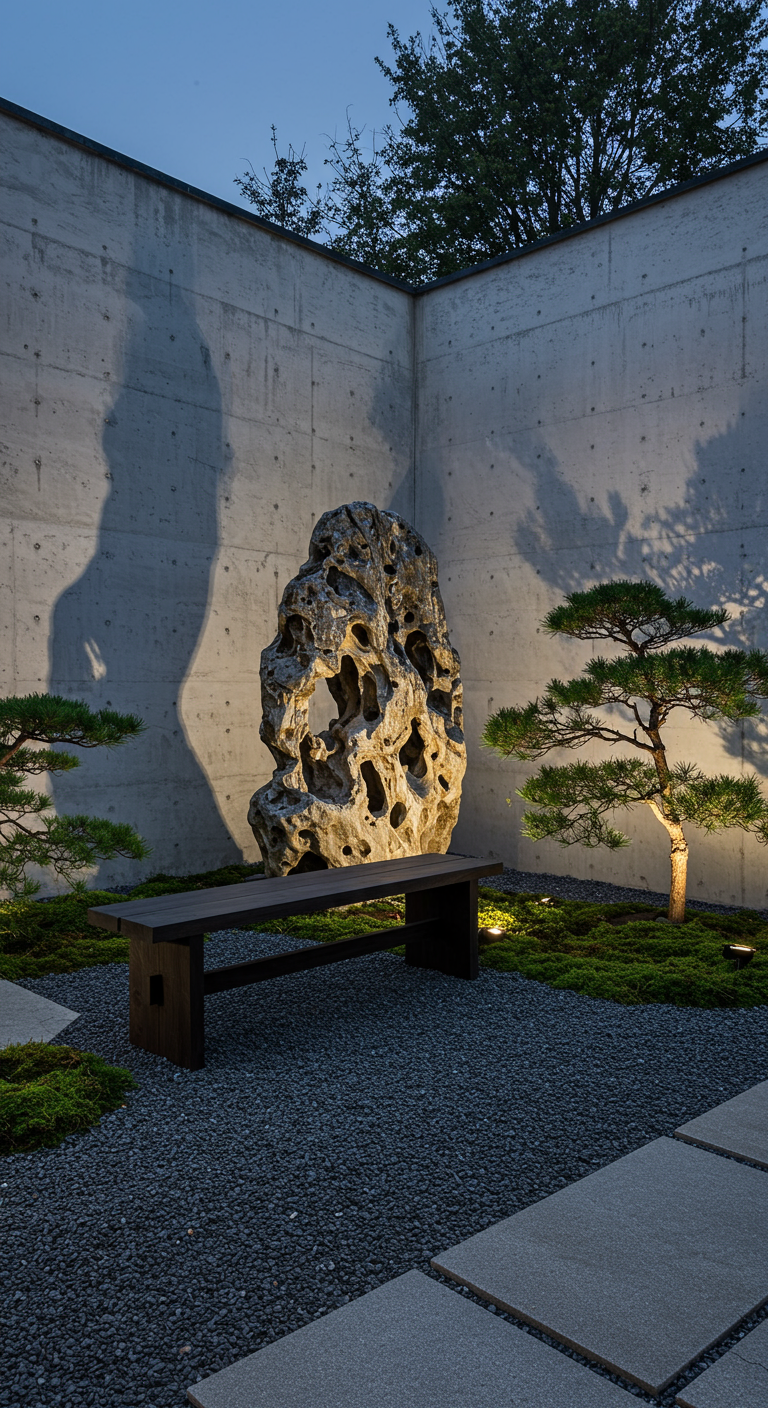 Moderner Innenhof mit großem Lochstein, Bank und Bonsai-Kiefern.