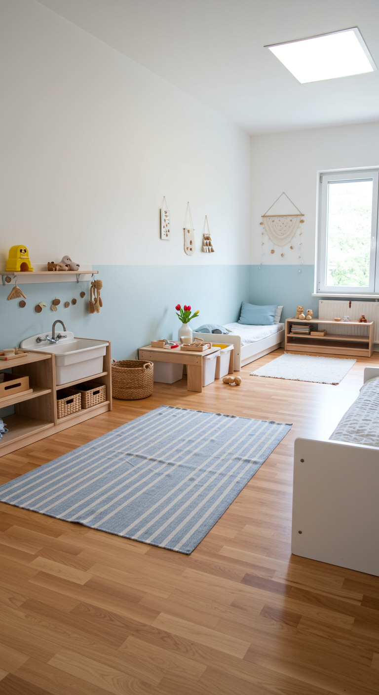 Geschwisterzimmer mit hellblauer Akzentwand und zwei Betten.
