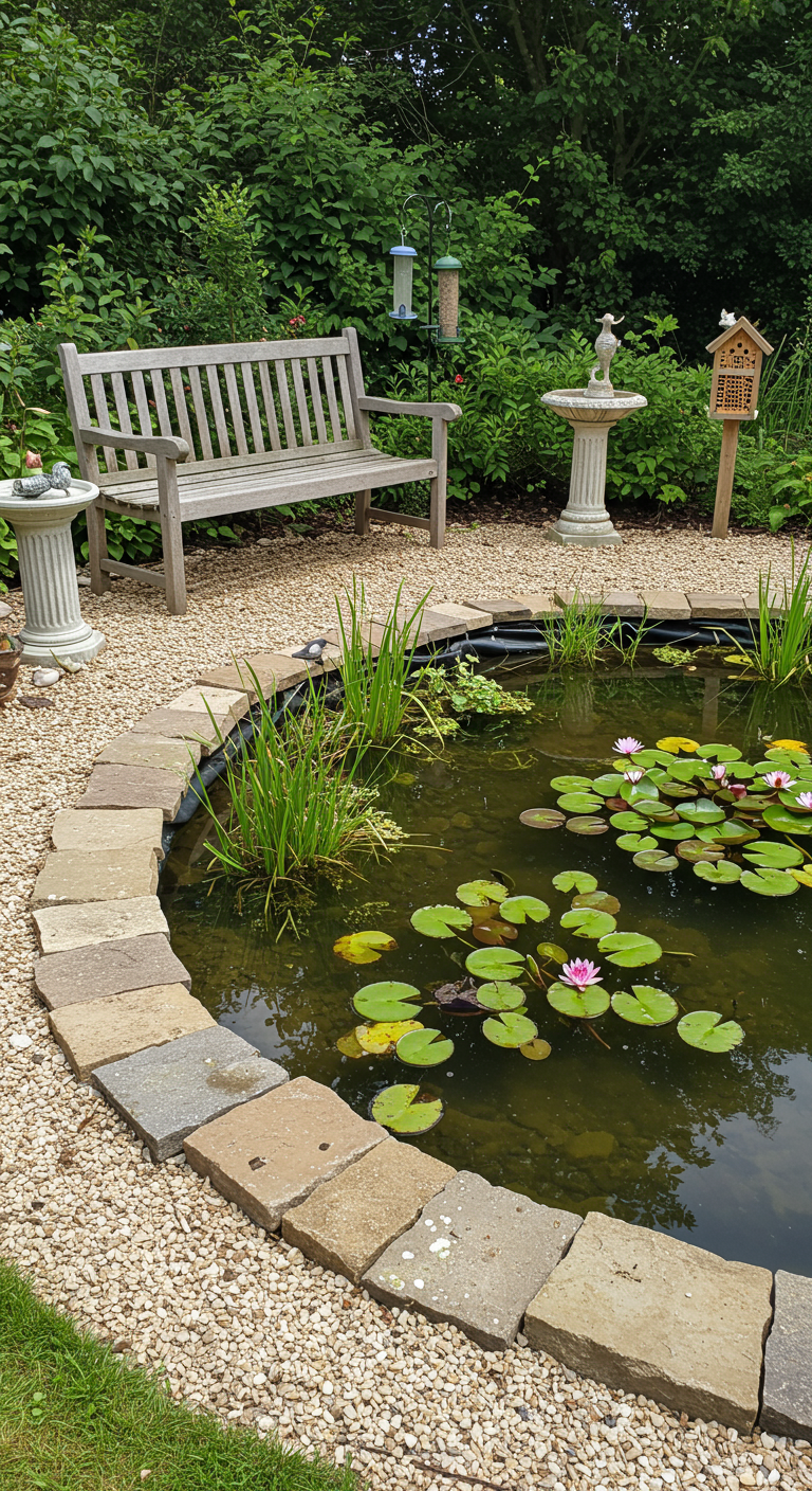 Kleiner Gartenteich mit Seerosen, Steinumrandung, Holzbank und Vogeltränken.