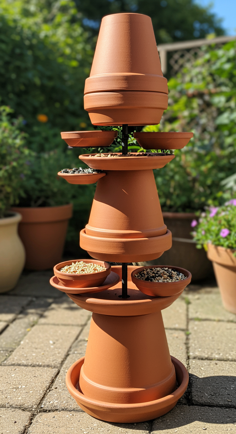 Kreativer Vogelfutterturm aus gestapelten Terrakottatöpfen und -untersetzern im Garten.