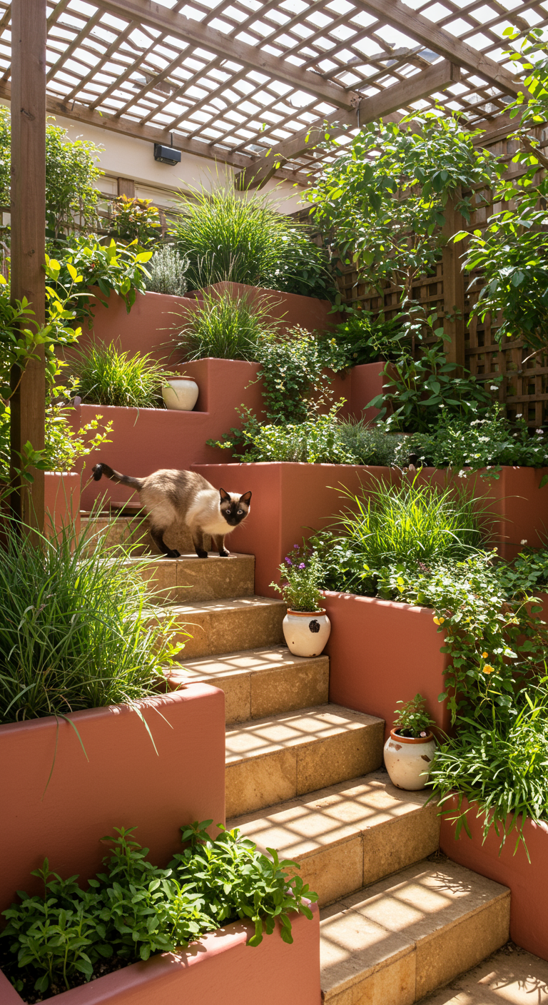 Siamkatze auf Terrassenstufen in einem Garten mit roten Mauern und üppigen Pflanzen