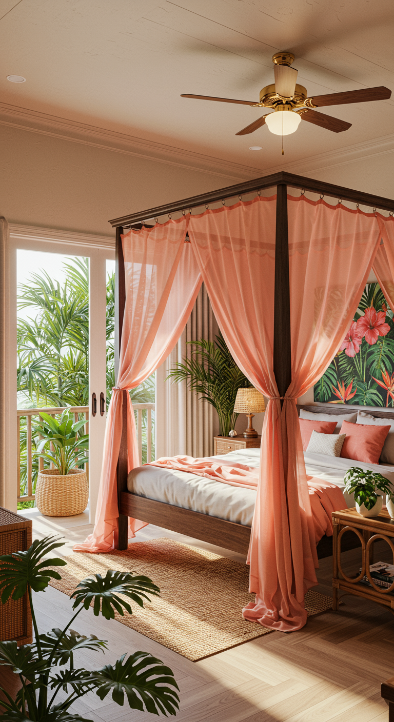 Tropisches Schlafzimmer mit Himmelbett, rosa Vorhängen und vielen Pflanzen.