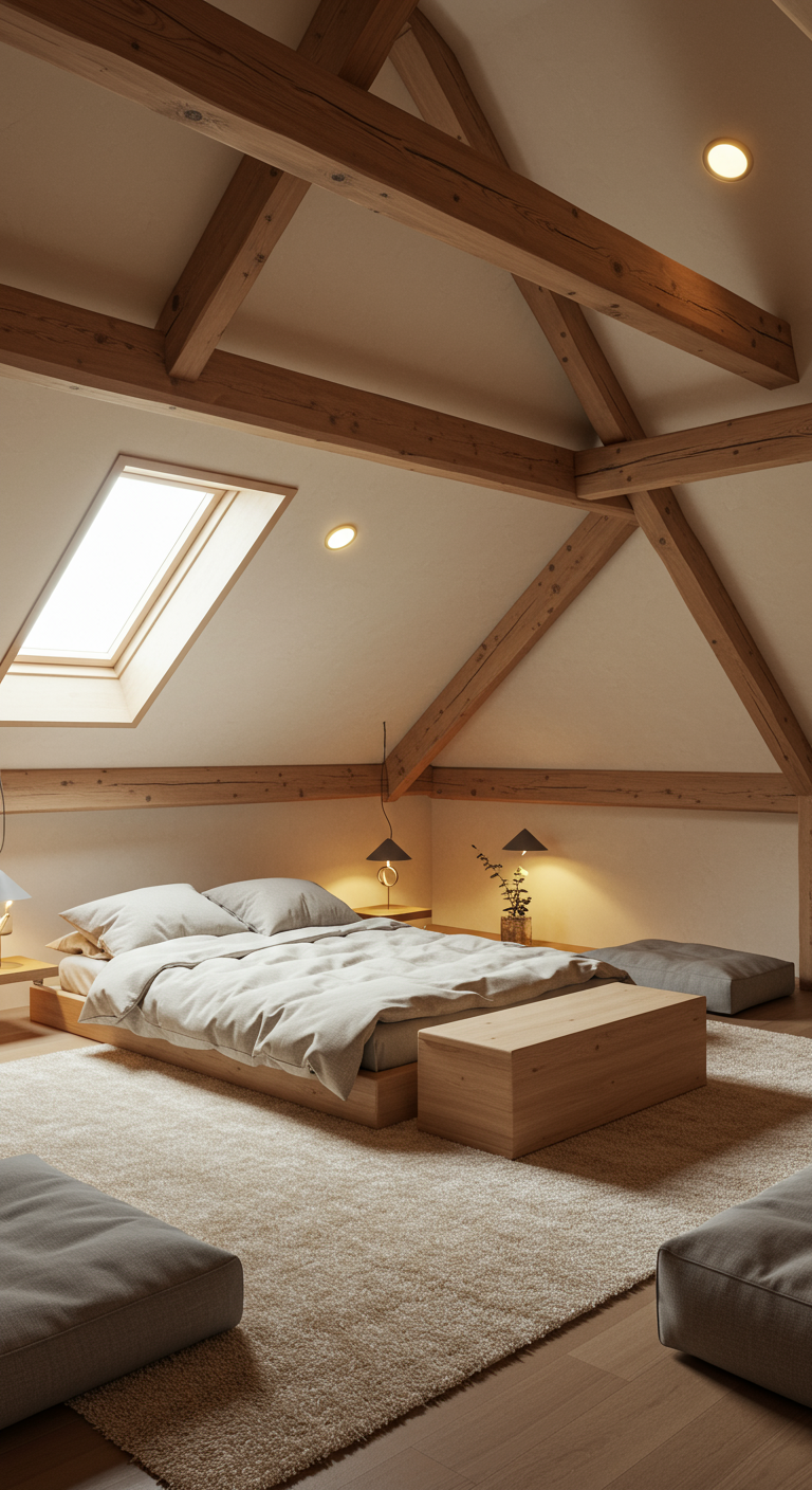 Gemütliches Japandi-Dachzimmer mit Holzbalken, niedrigem Bett und Bodenkissen.