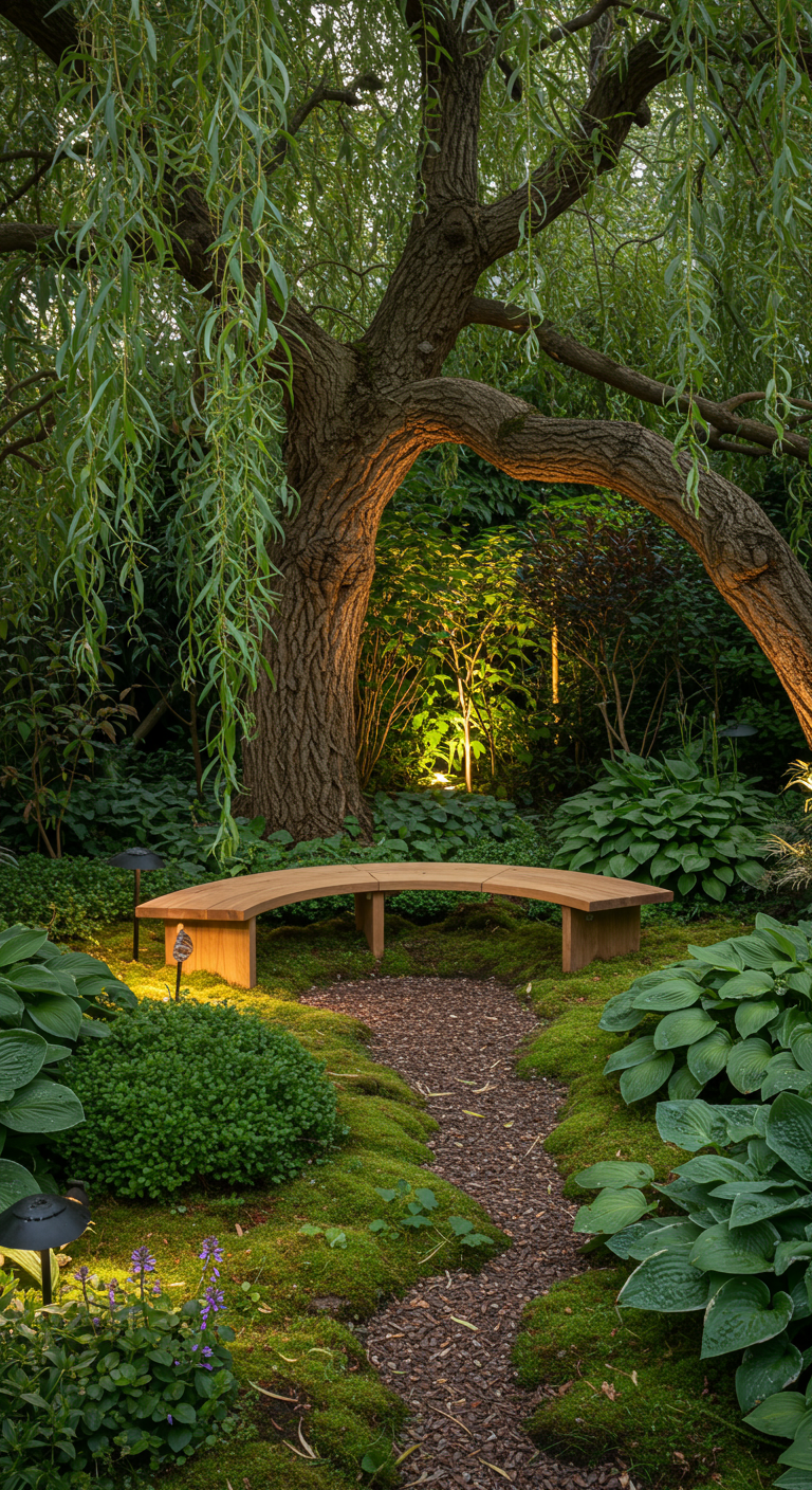 Geschwungene Holzbank unter einer beleuchteten Trauerweide in einem üppig grünen Garten.