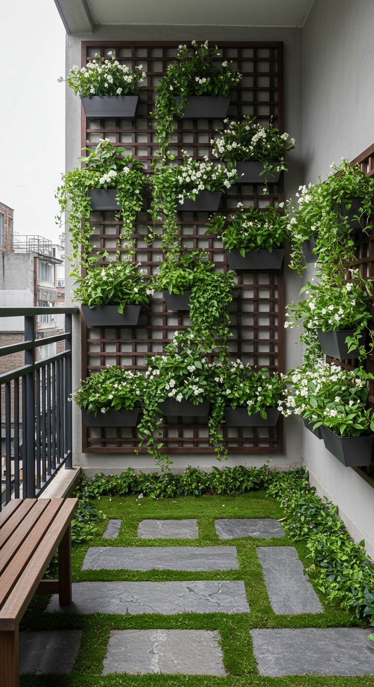 Vertikaler Garten an Balkonwand mit vielen Pflanzkästen und weißen Blumen.