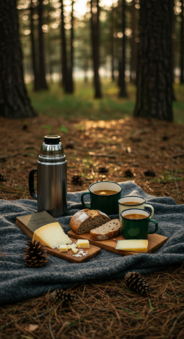 Rustikales Wald-Picknick mit Käse, Brot, Emaille-Bechern und Thermoskanne auf einer Decke.