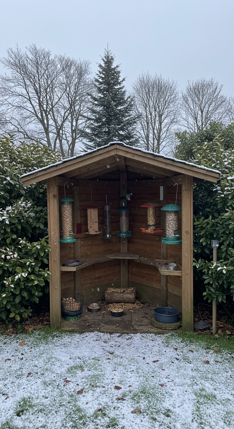 Große hölzerne Futterstation für Vögel im Schnee, umgeben von grünen Büschen.