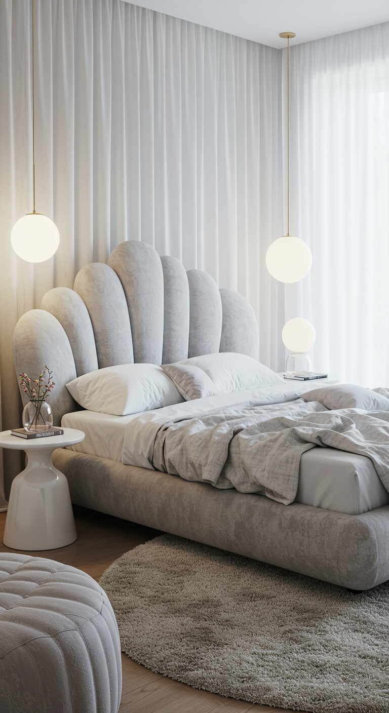 Traumhaftes Schlafzimmer mit muschelförmigem Samt-Kopfteil und runden Lampen.