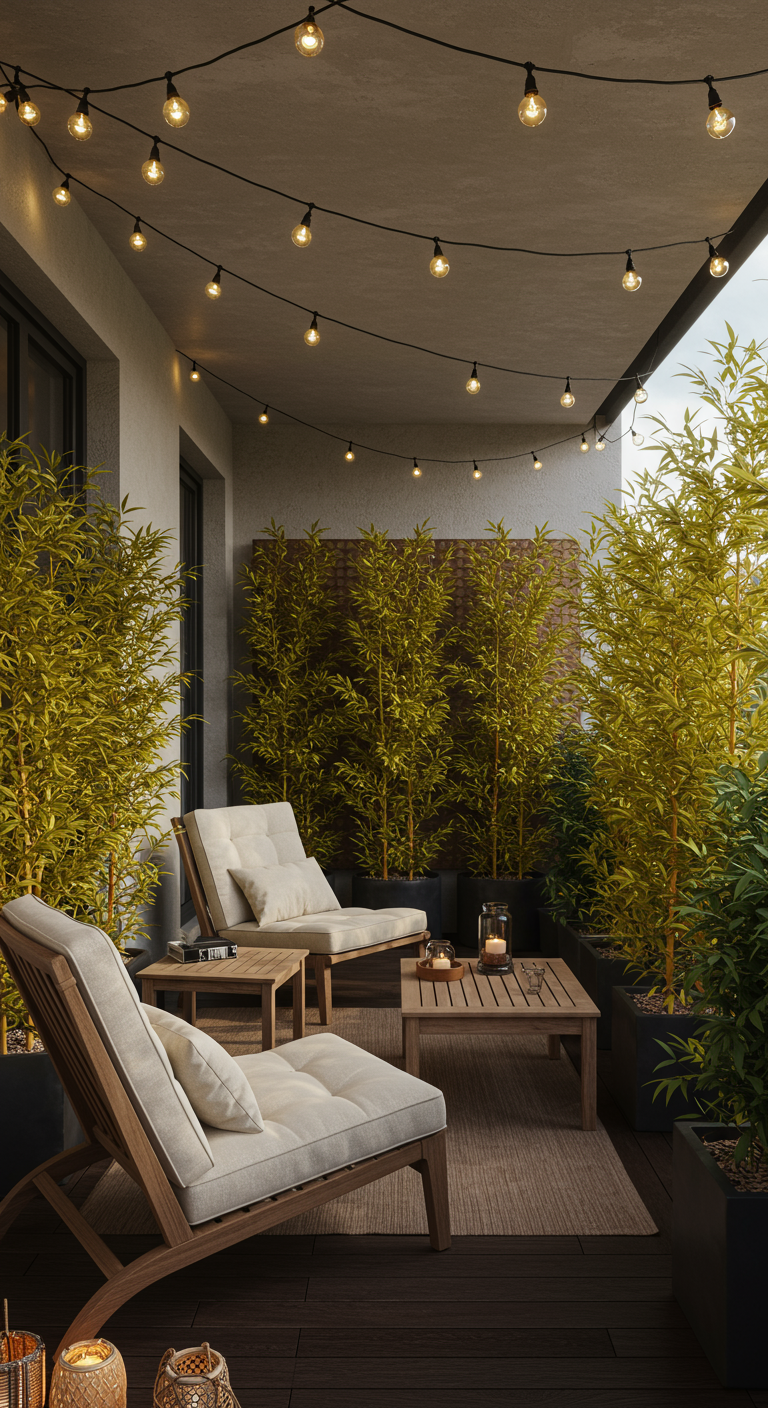 Japandi Balkon mit Holzmöbeln, Bambus und Lichterketten.