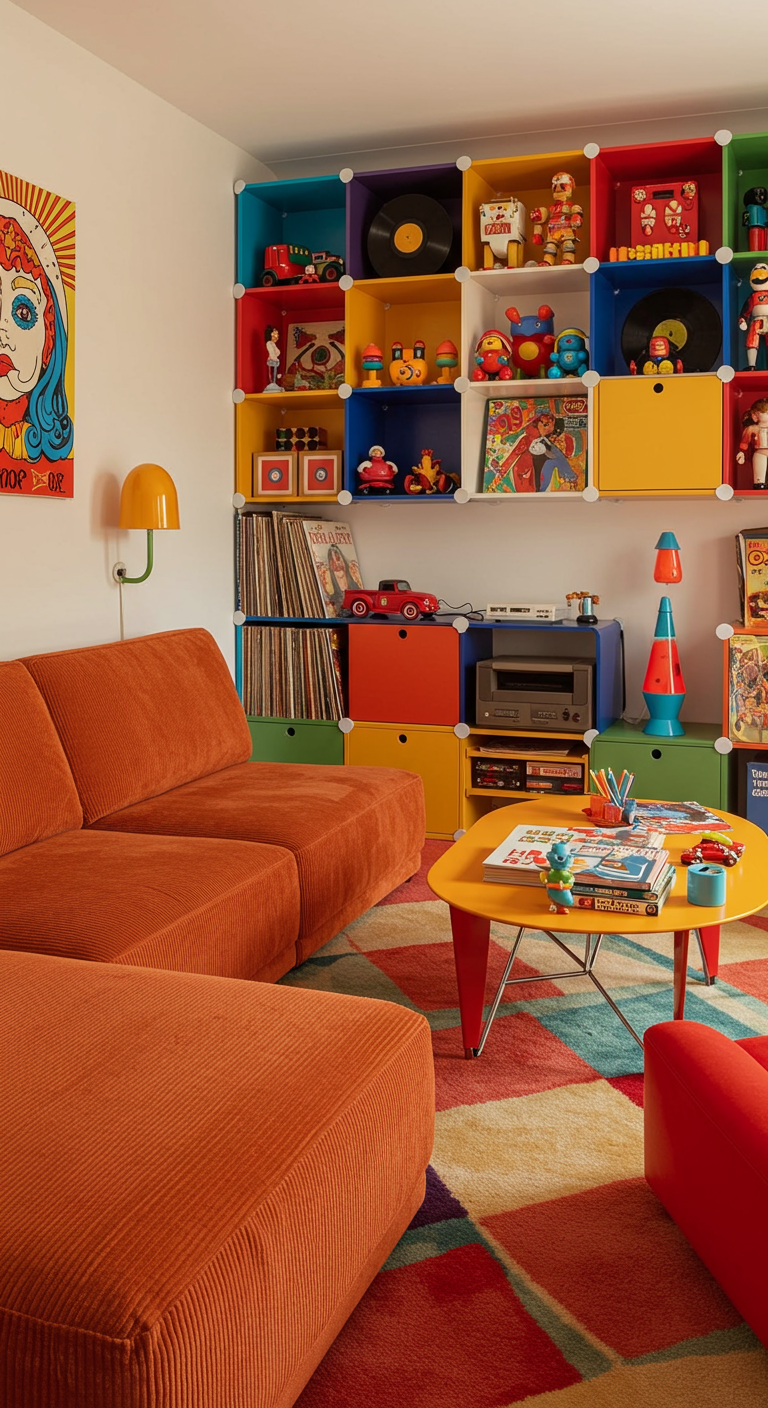 Retro-Wohnzimmer mit bunten Modulregalen, orangefarbenem Sofa und Vintage-Spielzeug.