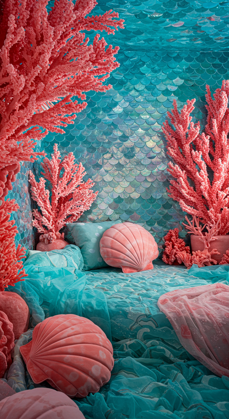 Fantasievolles Zimmer im Unterwasser-Look mit Korallen, Schuppenwand und Muschelkissen.
