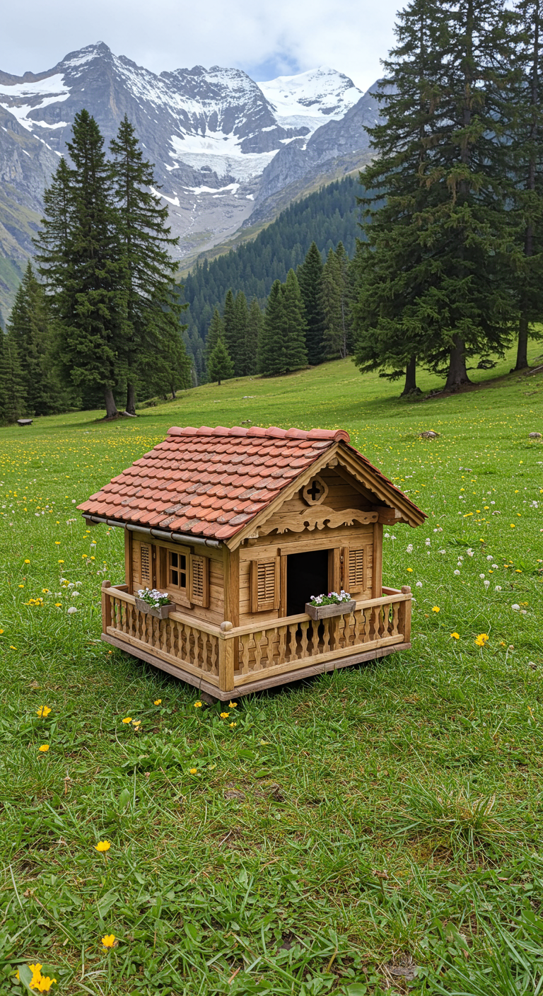 Miniatur-Holzchalet mit Balkon und Blumenkästen in einer grünen Bergwiese.