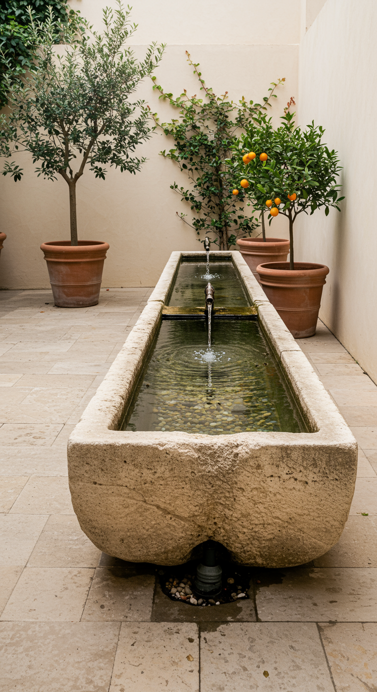 Langer, steinerner Wassertrog mit mehreren Wasserstrahlen, umgeben von Oliven- und Zitrusbäumen.
