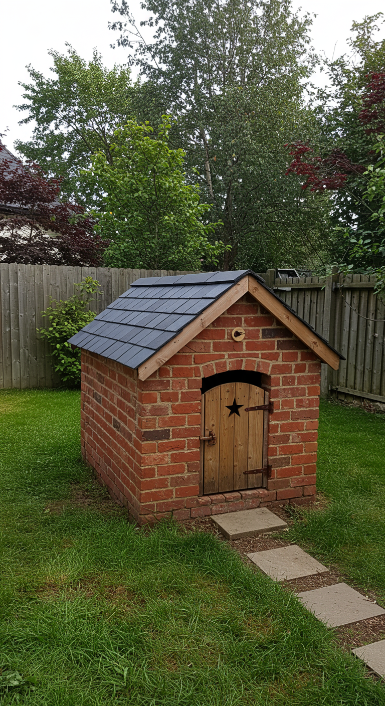 Robuste Hundehütte aus roten Backsteinen mit dunklem Dach und Holztür im Garten.