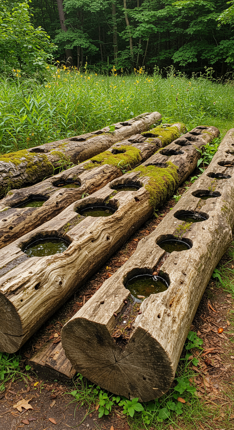 Eine Reihe ausgehöhlter Baumstämme, die als natürliche Wasserbecken in einem Wald liegen.