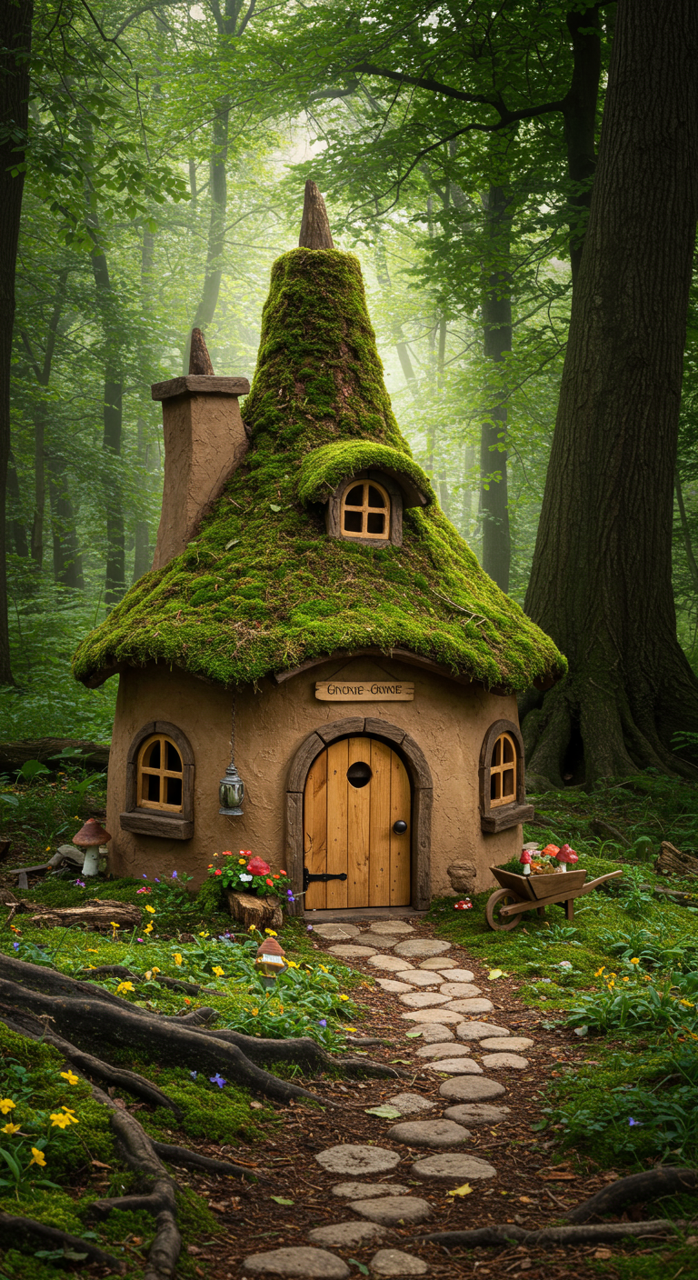 Moosbewachsenes Feenhaus als Hundehütte mit spitzem Dach und runden Fenstern im Wald.