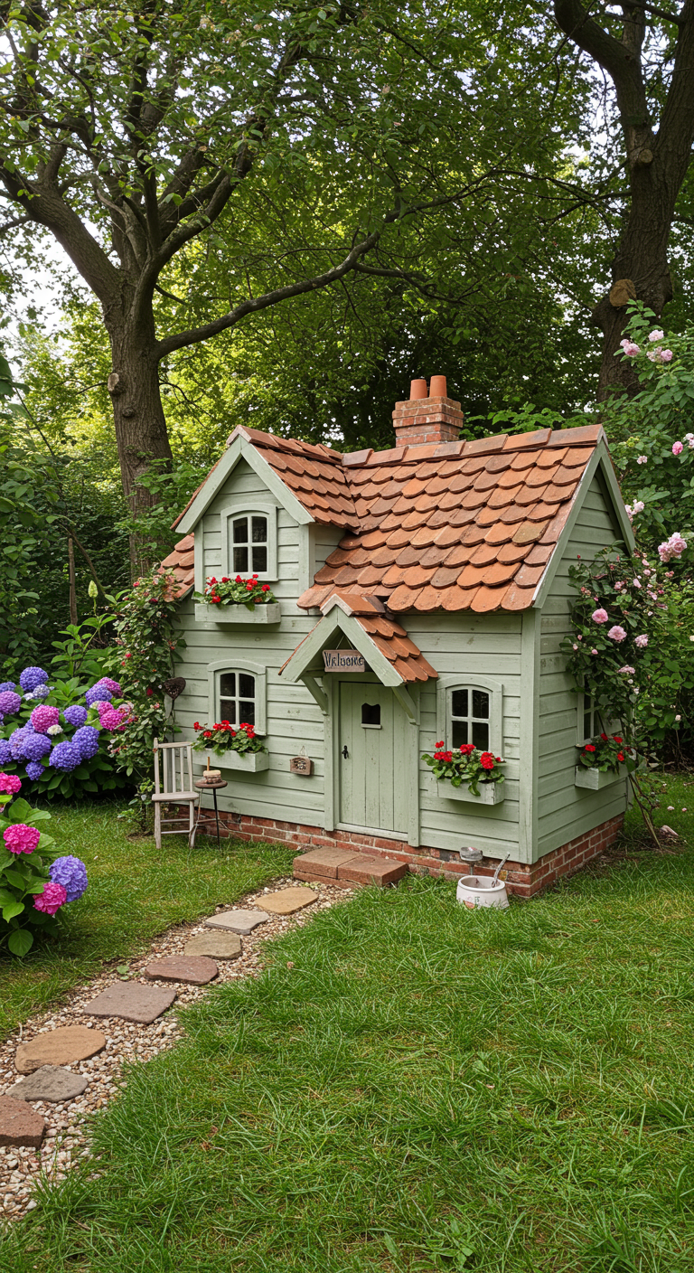 Märchenhafte Hundehütte in Hellgrün mit roten Ziegeln und Blumenkästen im grünen Garten.