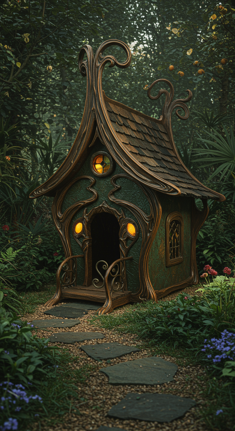 Märchenhafte Hundehütte im Elfen-Stil mit geschwungenen Ornamenten und Moosdach im Wald.