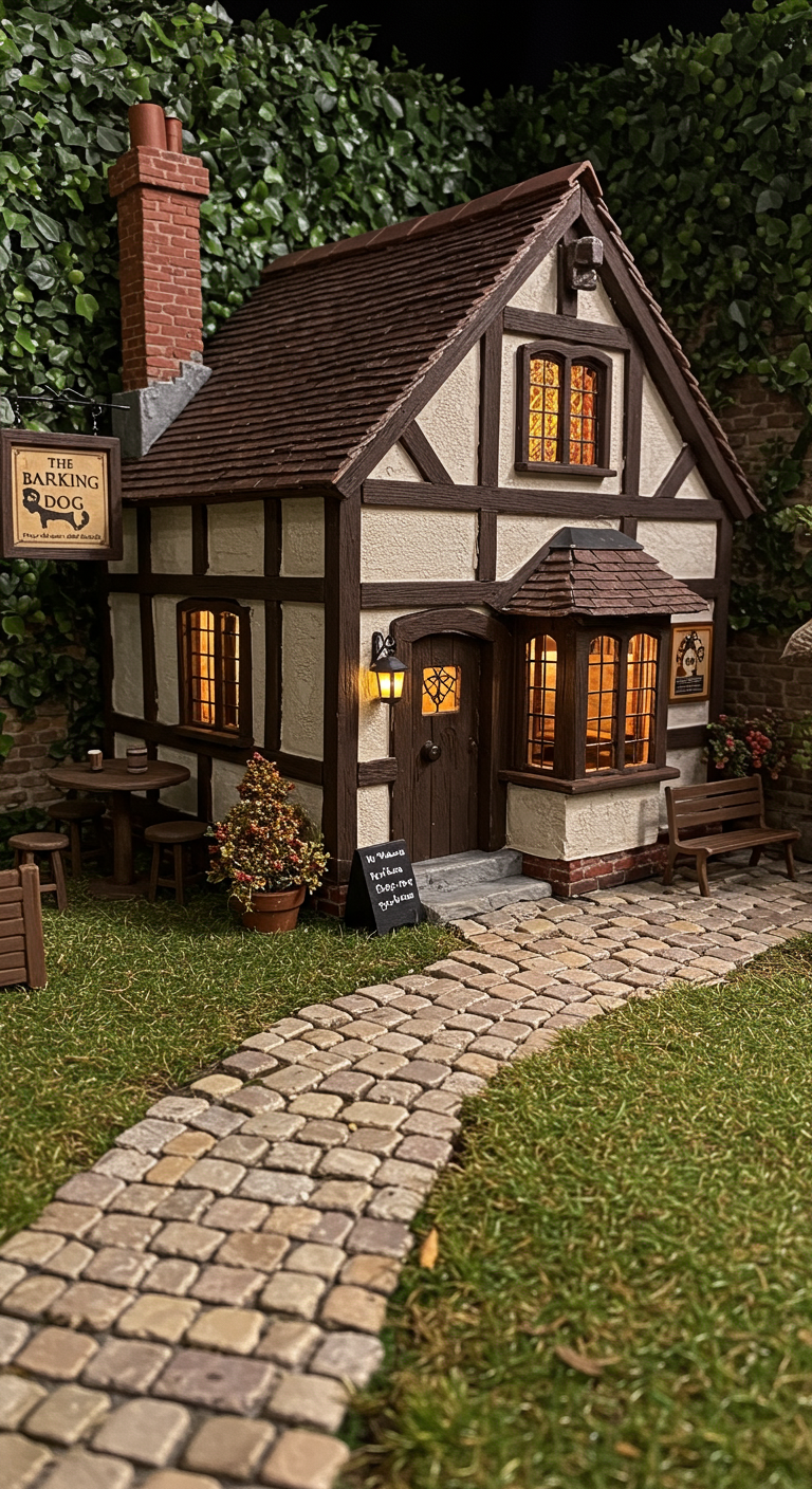 Fachwerk-Hundehütte im englischen Pub-Stil mit Schild