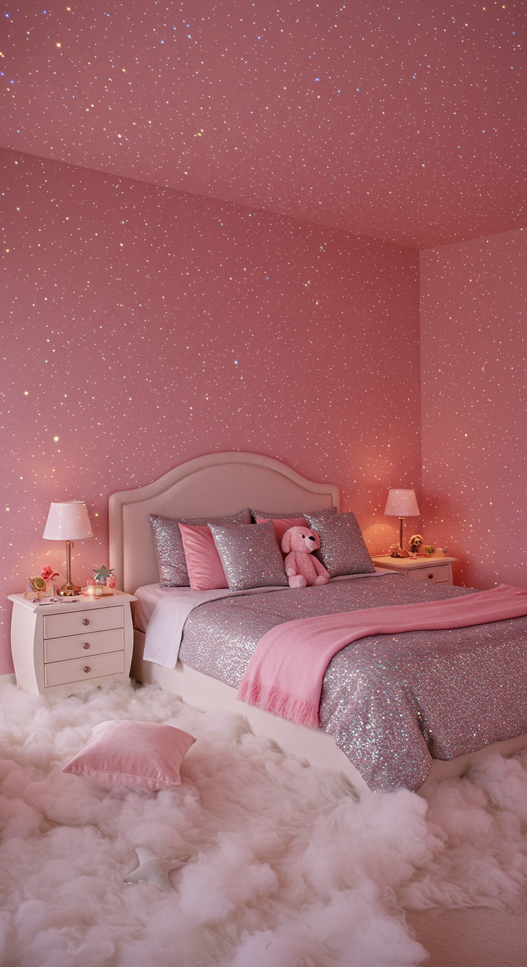 Rosa Schlafzimmer mit Glitzerwänden, Wolkenboden und Pailletten-Bettwäsche.