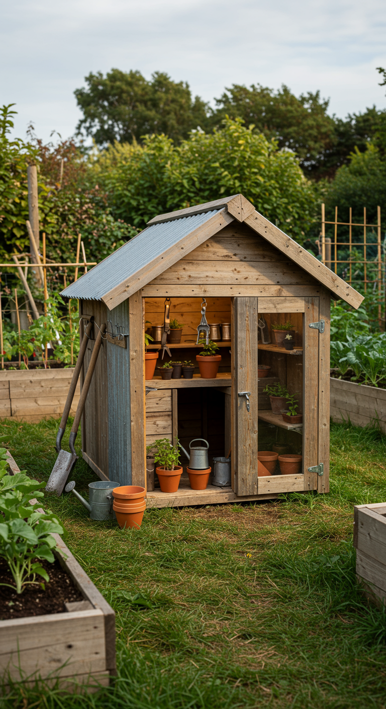 Rustikale Gartenhütte aus Holz mit Glasfront, Gießkannen und Blumentöpfen im Garten.