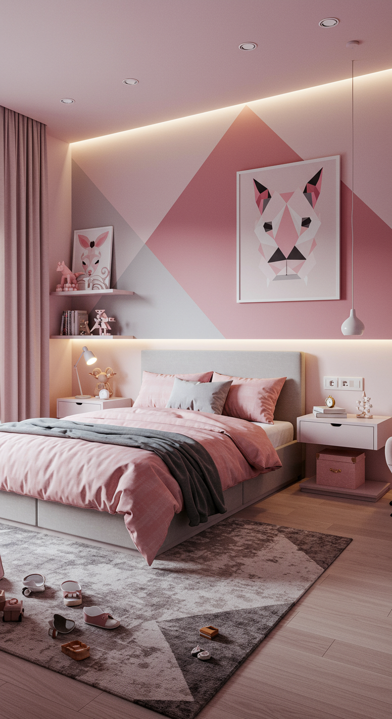 Modernes Kinderzimmer mit geometrischer rosa-grauer Wand und LED-Beleuchtung.