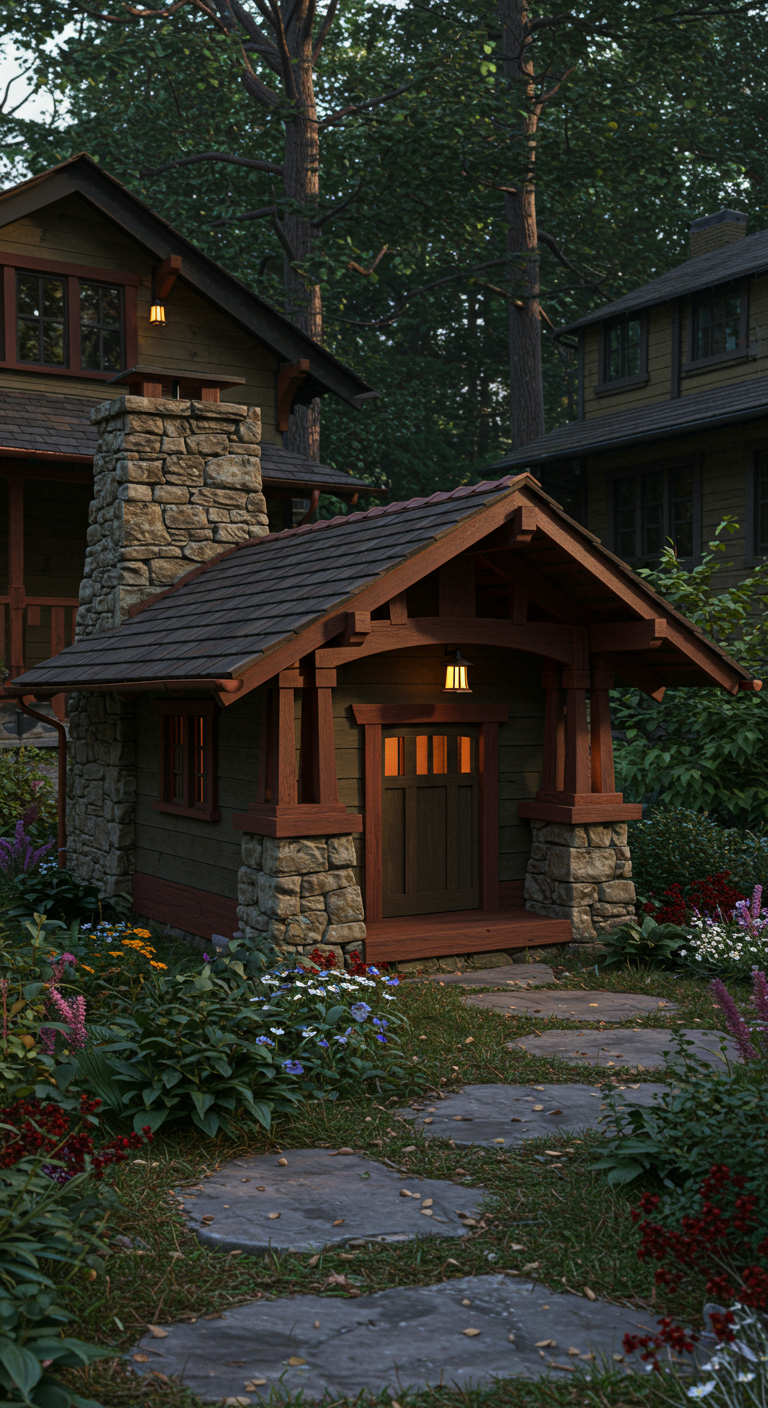 Elegante Hundehütte im Craftsman-Stil mit Holz, Stein und Vordach im Garten.