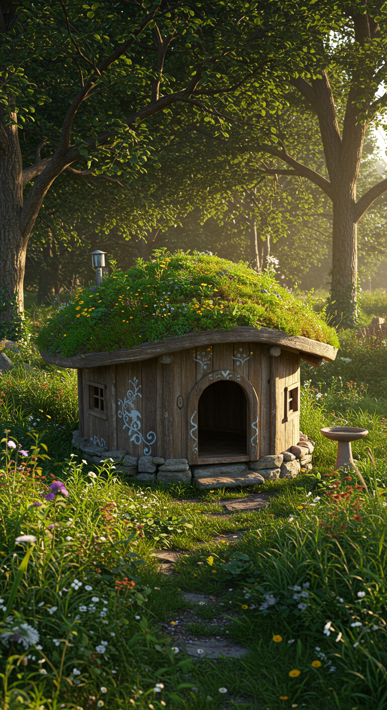 Hundehütte im Hobbit-Stil mit bewachsenem Gründach und rundem Eingang im Wald.